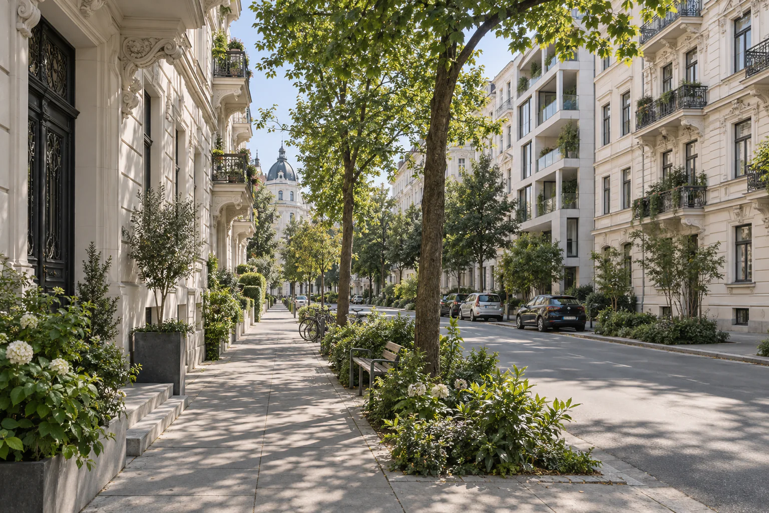 Wiener Wohnstraße mit Altbau und Bäumen